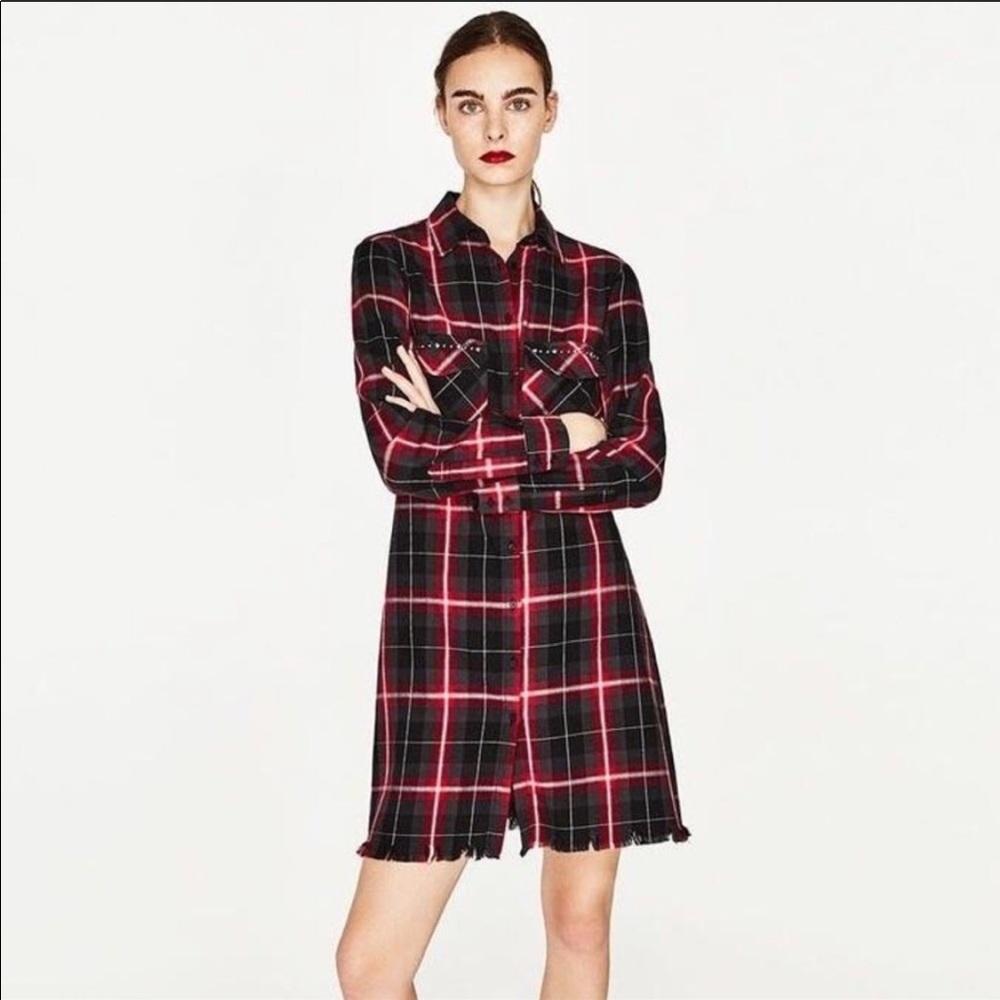 Zara Checked Plaid Shirt Dress Button Down